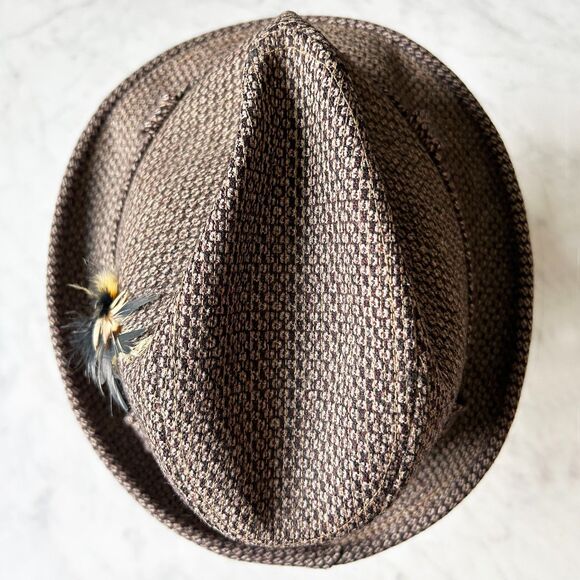 Vintage Kanyon Road Fedora Hat Brown Wool Tweed Gold Feather - Men's Size 7 - Picture 6 of 9